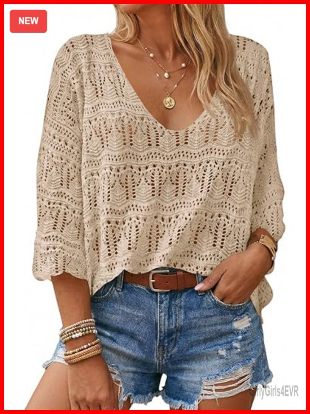 Crochet Cover Up Top 3/4 Sleeve V Neck Beach Boho Knit Resort Wear